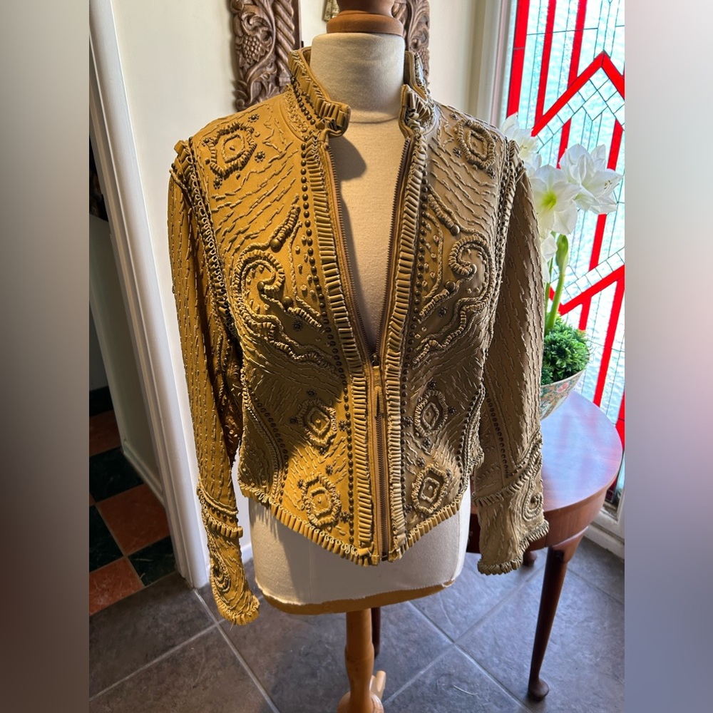 Elegant Tan Embroidered ALL LEATHER Women's Jacket